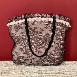 DESMO Vintage Italian Mini Bag Black Lace Over Pink Satin Floral Trim Feminine